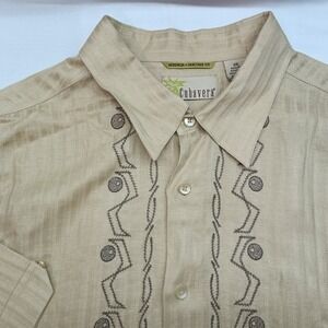 Cubavera Mens XXL Gold Linen Blend Embroidered Guayabera Short Sleeve Shirt